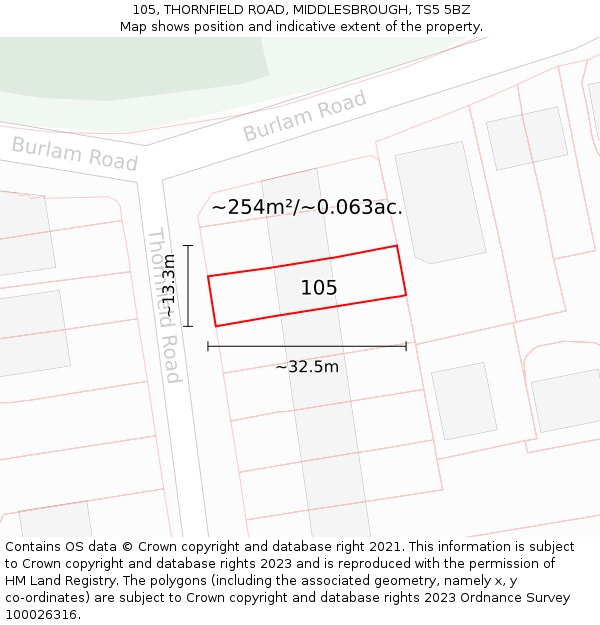 105, THORNFIELD ROAD, MIDDLESBROUGH, TS5 5BZ: Plot and title map