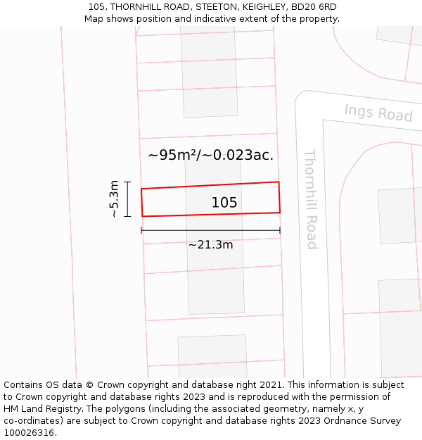 105, THORNHILL ROAD, STEETON, KEIGHLEY, BD20 6RD: Plot and title map