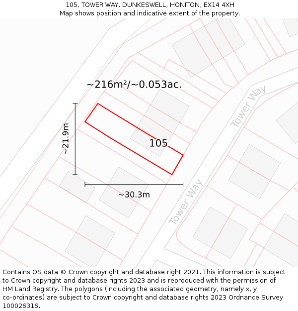105, TOWER WAY, DUNKESWELL, HONITON, EX14 4XH: Plot and title map