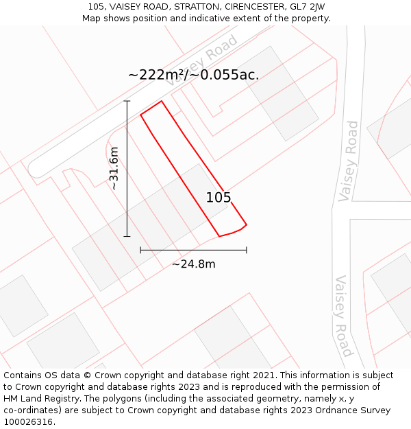 105, VAISEY ROAD, STRATTON, CIRENCESTER, GL7 2JW: Plot and title map