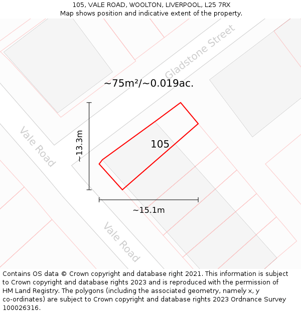 105, VALE ROAD, WOOLTON, LIVERPOOL, L25 7RX: Plot and title map