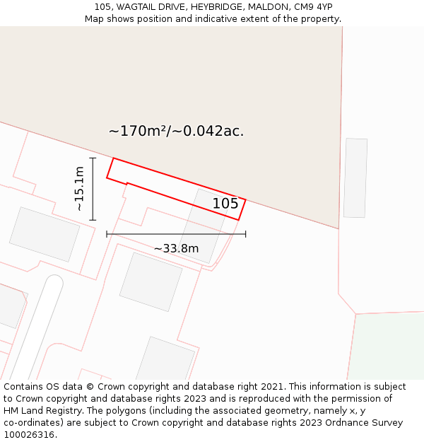 105, WAGTAIL DRIVE, HEYBRIDGE, MALDON, CM9 4YP: Plot and title map