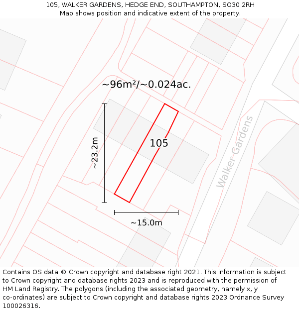 105, WALKER GARDENS, HEDGE END, SOUTHAMPTON, SO30 2RH: Plot and title map