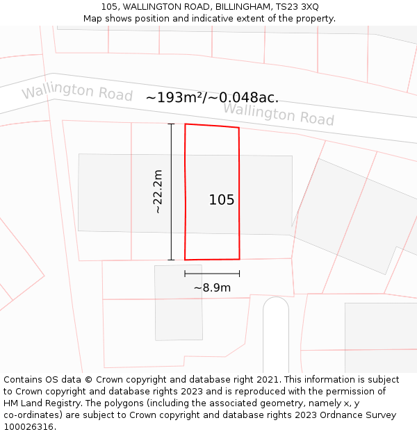 105, WALLINGTON ROAD, BILLINGHAM, TS23 3XQ: Plot and title map