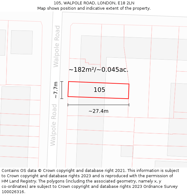 105, WALPOLE ROAD, LONDON, E18 2LN: Plot and title map