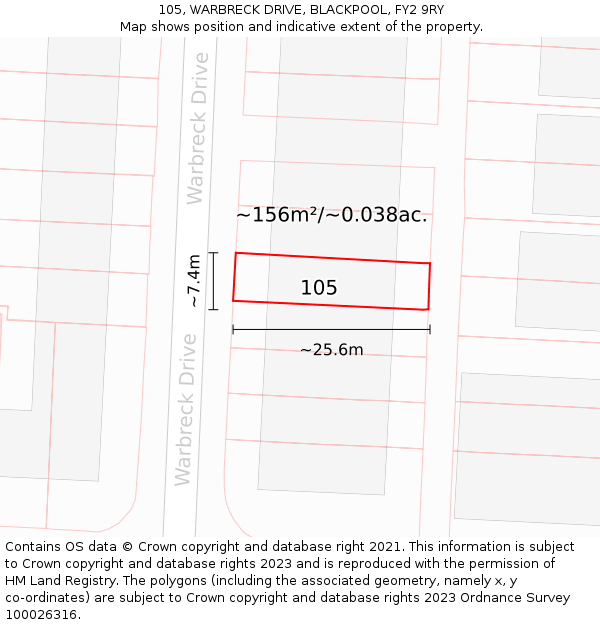 105, WARBRECK DRIVE, BLACKPOOL, FY2 9RY: Plot and title map