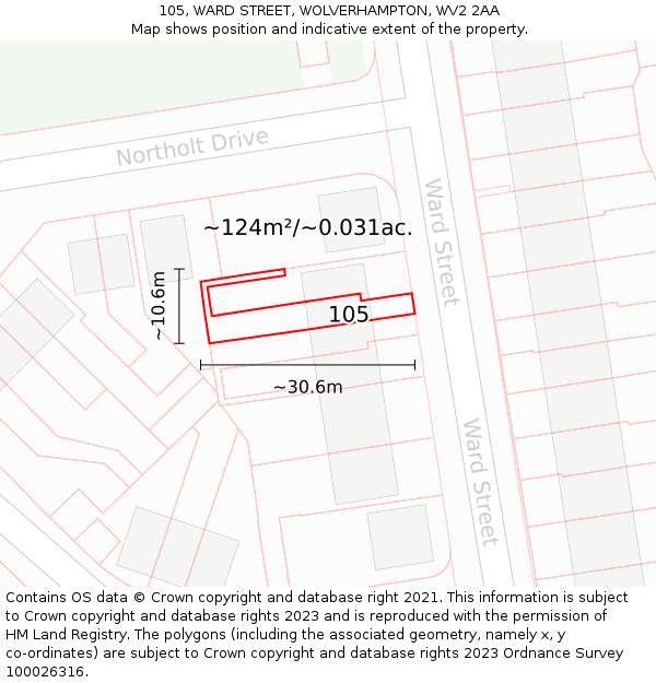 105, WARD STREET, WOLVERHAMPTON, WV2 2AA: Plot and title map