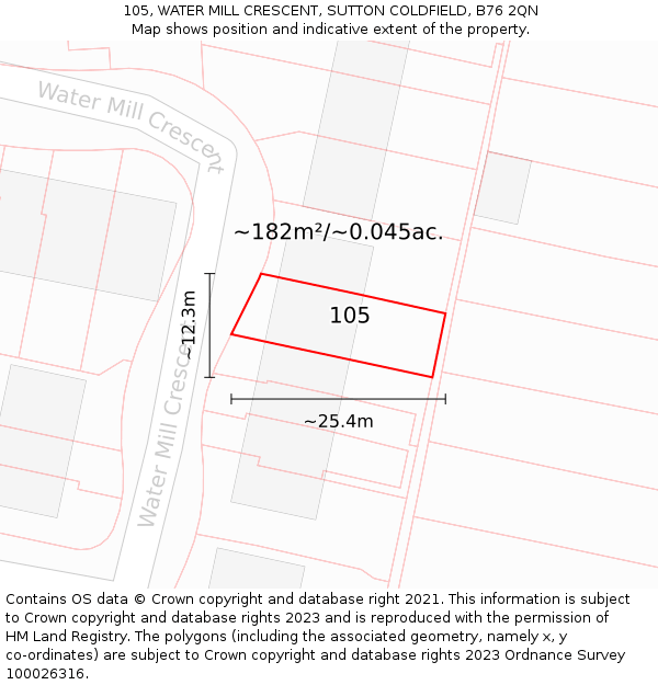 105, WATER MILL CRESCENT, SUTTON COLDFIELD, B76 2QN: Plot and title map