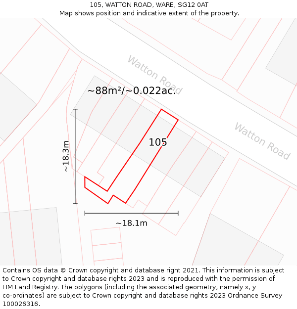 105, WATTON ROAD, WARE, SG12 0AT: Plot and title map