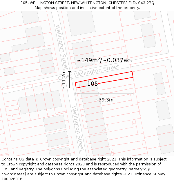 105, WELLINGTON STREET, NEW WHITTINGTON, CHESTERFIELD, S43 2BQ: Plot and title map