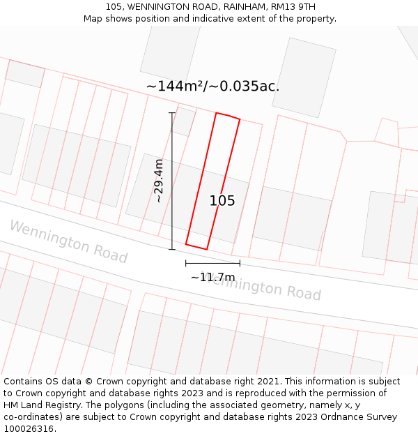 105, WENNINGTON ROAD, RAINHAM, RM13 9TH: Plot and title map