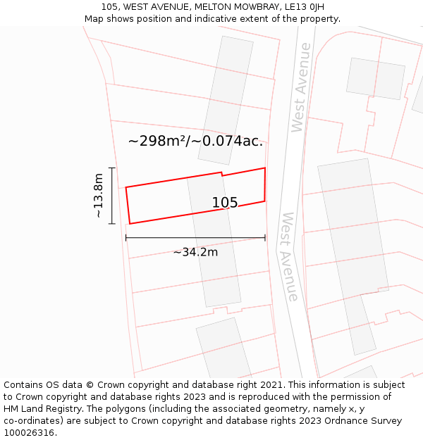 105, WEST AVENUE, MELTON MOWBRAY, LE13 0JH: Plot and title map