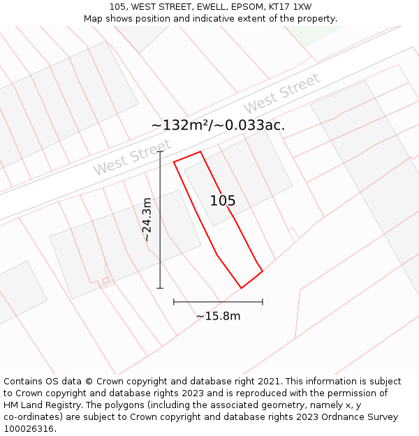 105, WEST STREET, EWELL, EPSOM, KT17 1XW: Plot and title map