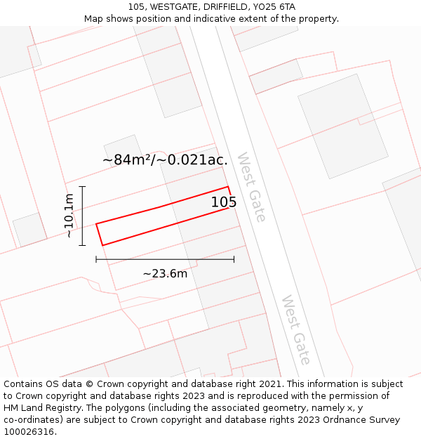 105, WESTGATE, DRIFFIELD, YO25 6TA: Plot and title map