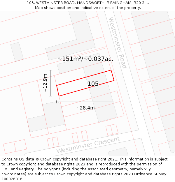 105, WESTMINSTER ROAD, HANDSWORTH, BIRMINGHAM, B20 3LU: Plot and title map