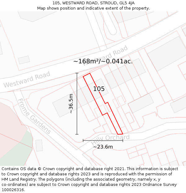 105, WESTWARD ROAD, STROUD, GL5 4JA: Plot and title map