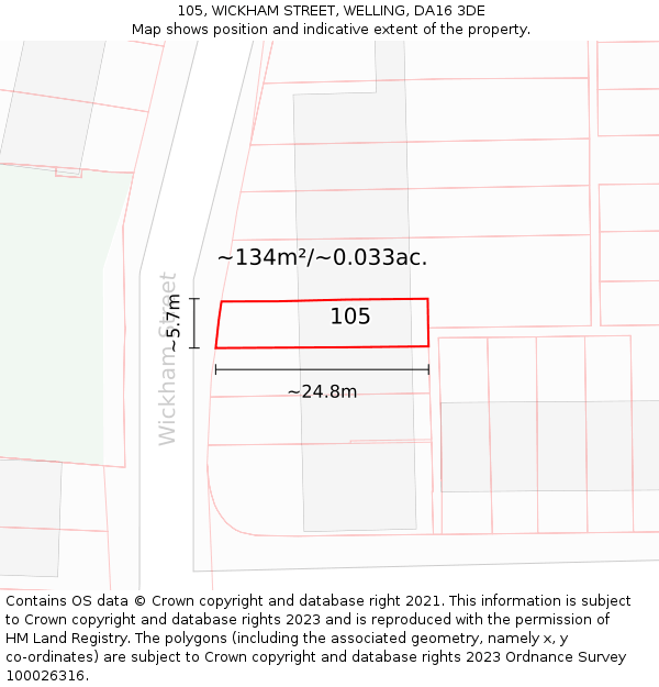 105, WICKHAM STREET, WELLING, DA16 3DE: Plot and title map
