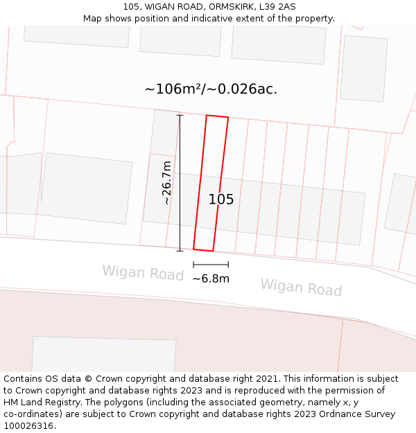 105, WIGAN ROAD, ORMSKIRK, L39 2AS: Plot and title map