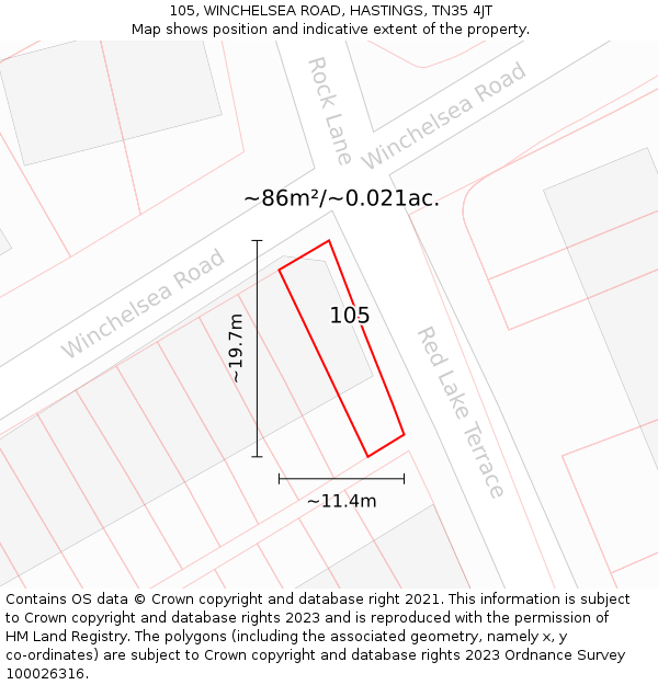 105, WINCHELSEA ROAD, HASTINGS, TN35 4JT: Plot and title map