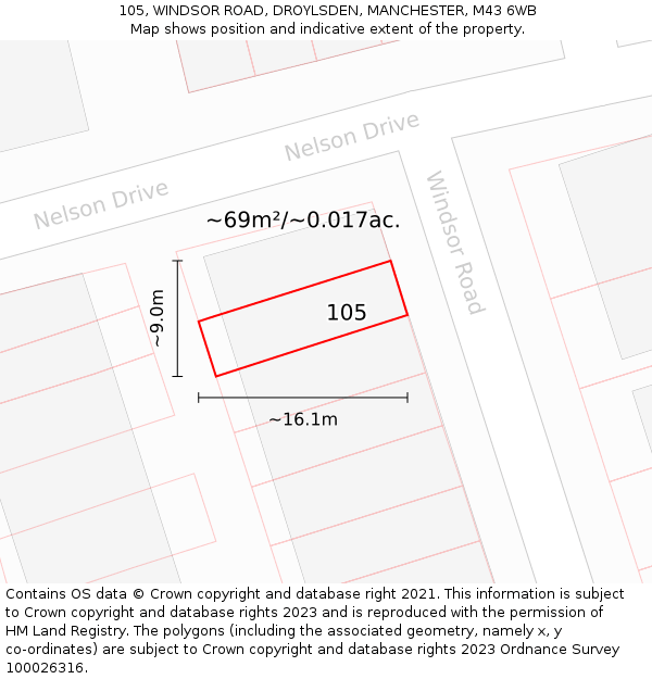 105, WINDSOR ROAD, DROYLSDEN, MANCHESTER, M43 6WB: Plot and title map