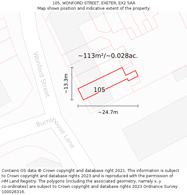 105, WONFORD STREET, EXETER, EX2 5AA: Plot and title map