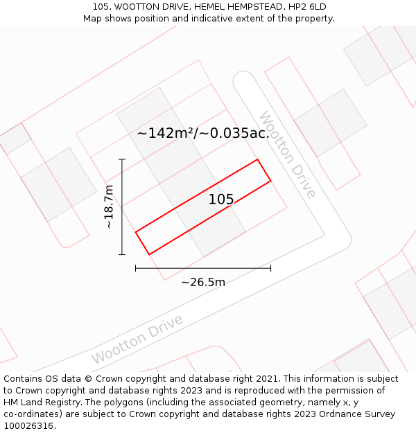 105, WOOTTON DRIVE, HEMEL HEMPSTEAD, HP2 6LD: Plot and title map