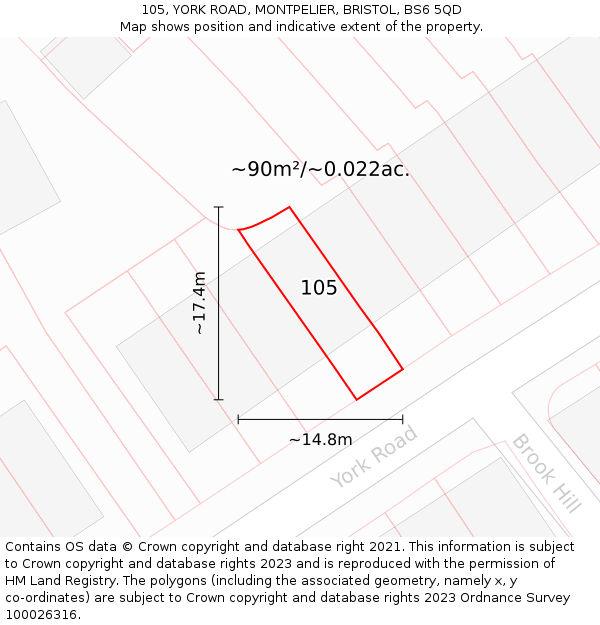 105, YORK ROAD, MONTPELIER, BRISTOL, BS6 5QD: Plot and title map