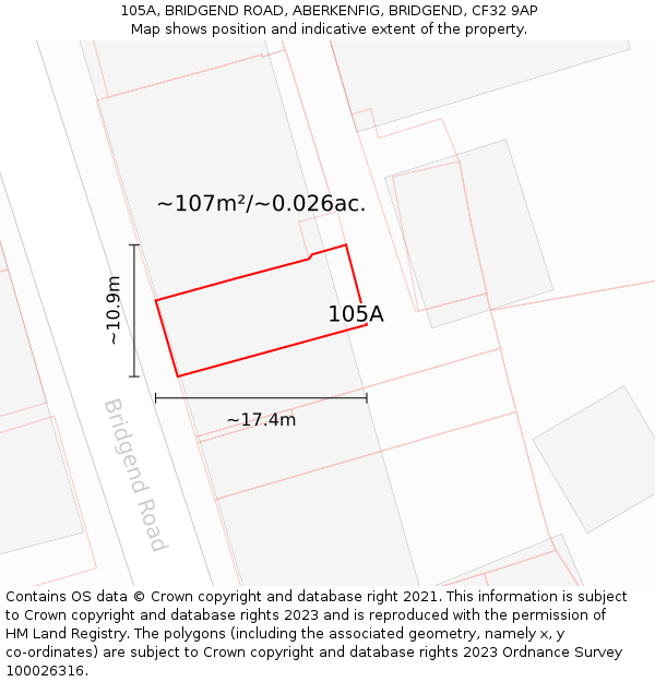 105A, BRIDGEND ROAD, ABERKENFIG, BRIDGEND, CF32 9AP: Plot and title map