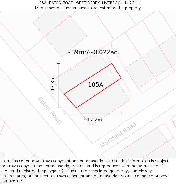 105A, EATON ROAD, WEST DERBY, LIVERPOOL, L12 1LU: Plot and title map