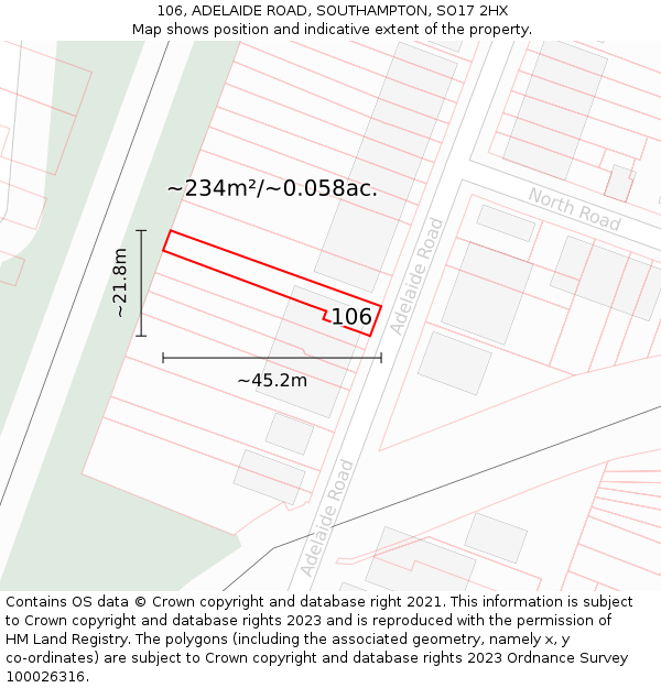 106, ADELAIDE ROAD, SOUTHAMPTON, SO17 2HX: Plot and title map