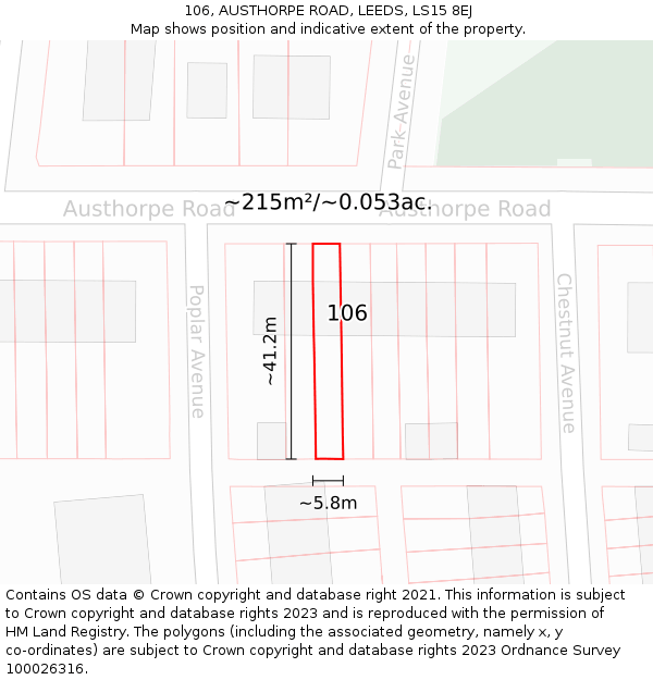 106, AUSTHORPE ROAD, LEEDS, LS15 8EJ: Plot and title map