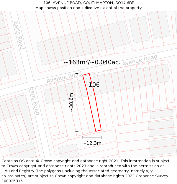 106, AVENUE ROAD, SOUTHAMPTON, SO14 6BB: Plot and title map
