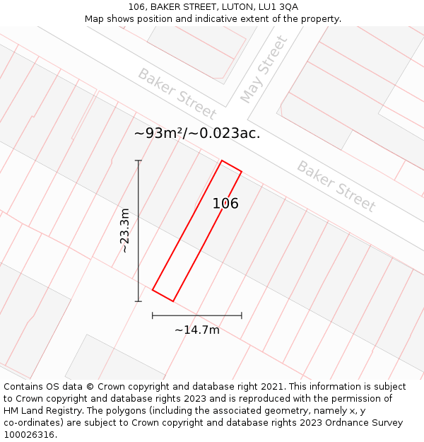 106, BAKER STREET, LUTON, LU1 3QA: Plot and title map