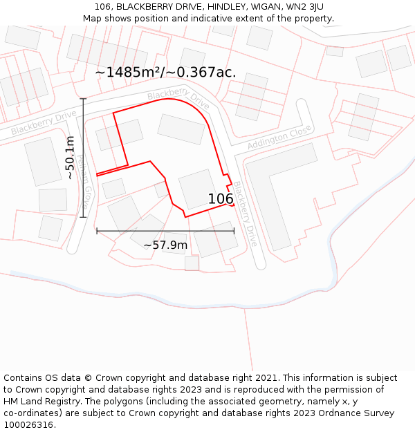 106, BLACKBERRY DRIVE, HINDLEY, WIGAN, WN2 3JU: Plot and title map