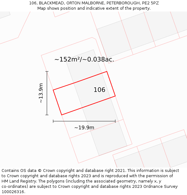 106, BLACKMEAD, ORTON MALBORNE, PETERBOROUGH, PE2 5PZ: Plot and title map