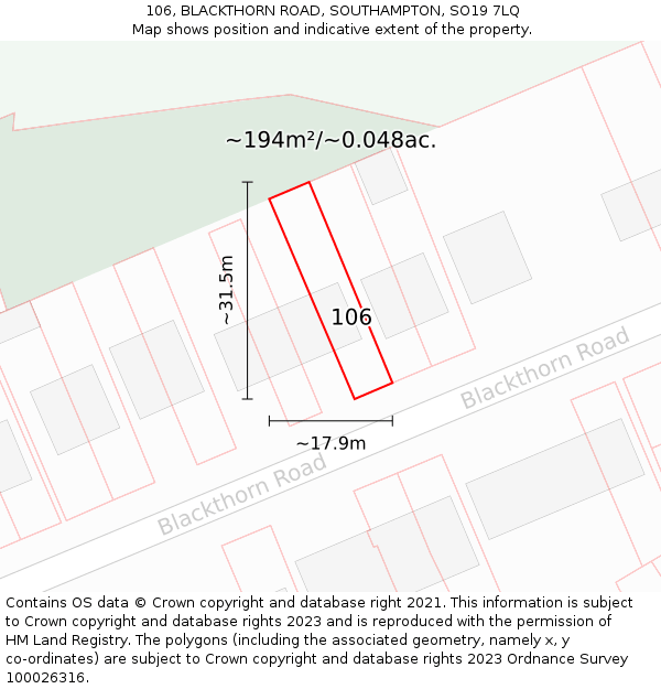 106, BLACKTHORN ROAD, SOUTHAMPTON, SO19 7LQ: Plot and title map
