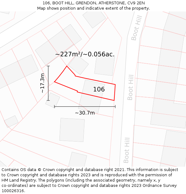 106, BOOT HILL, GRENDON, ATHERSTONE, CV9 2EN: Plot and title map