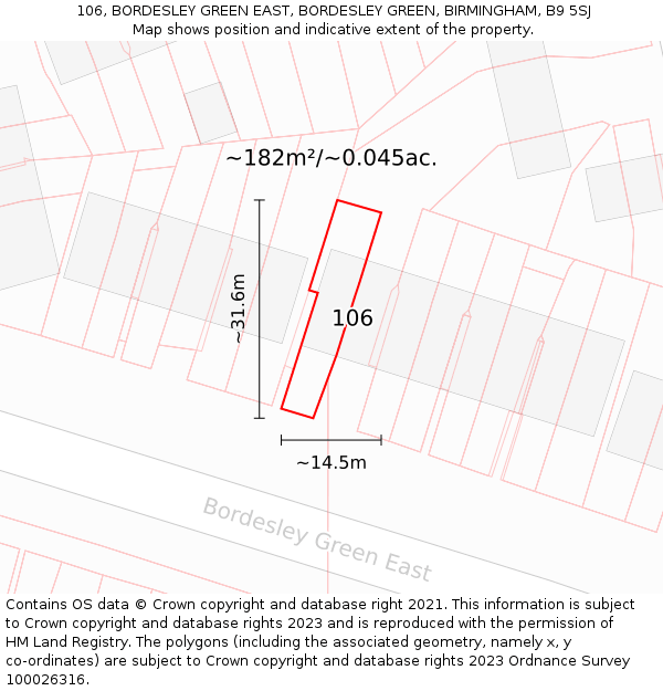 106, BORDESLEY GREEN EAST, BORDESLEY GREEN, BIRMINGHAM, B9 5SJ: Plot and title map