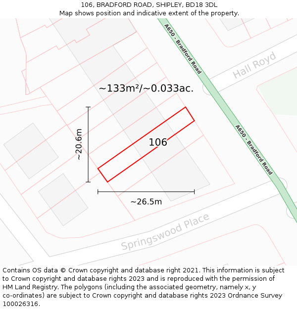 106, BRADFORD ROAD, SHIPLEY, BD18 3DL: Plot and title map