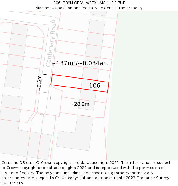 106, BRYN OFFA, WREXHAM, LL13 7UE: Plot and title map