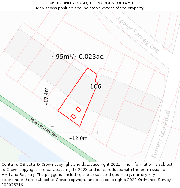 106, BURNLEY ROAD, TODMORDEN, OL14 5JT: Plot and title map