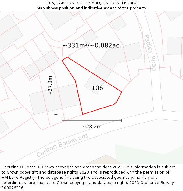 106, CARLTON BOULEVARD, LINCOLN, LN2 4WJ: Plot and title map
