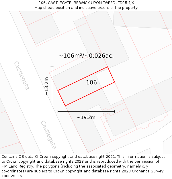 106, CASTLEGATE, BERWICK-UPON-TWEED, TD15 1JX: Plot and title map