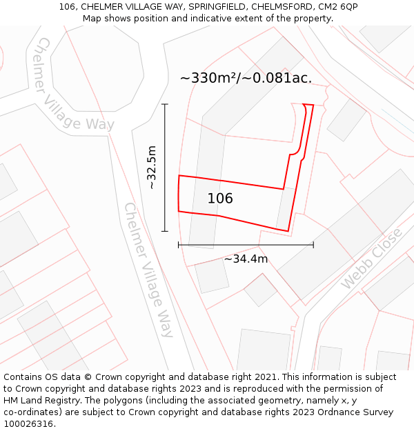 106, CHELMER VILLAGE WAY, SPRINGFIELD, CHELMSFORD, CM2 6QP: Plot and title map