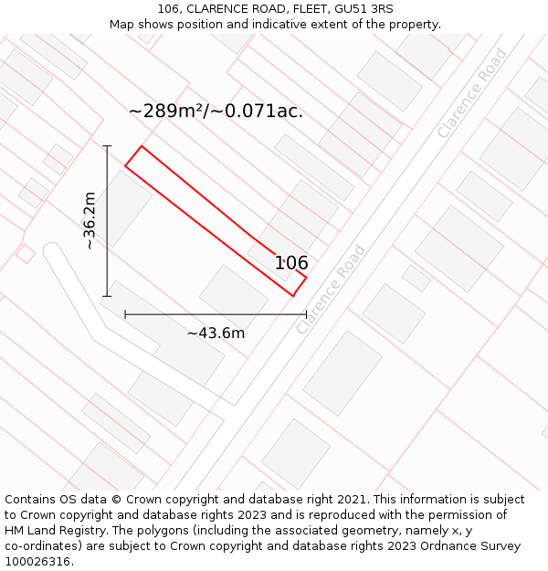106, CLARENCE ROAD, FLEET, GU51 3RS: Plot and title map