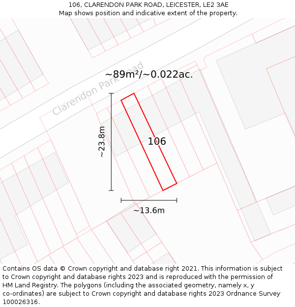 106, CLARENDON PARK ROAD, LEICESTER, LE2 3AE: Plot and title map