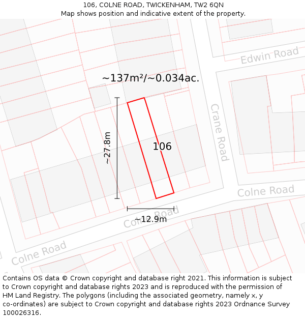 106, COLNE ROAD, TWICKENHAM, TW2 6QN: Plot and title map
