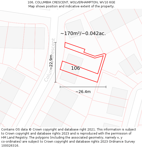 106, COLUMBIA CRESCENT, WOLVERHAMPTON, WV10 6GE: Plot and title map