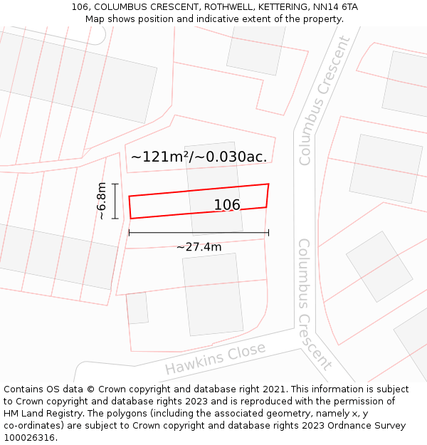 106, COLUMBUS CRESCENT, ROTHWELL, KETTERING, NN14 6TA: Plot and title map