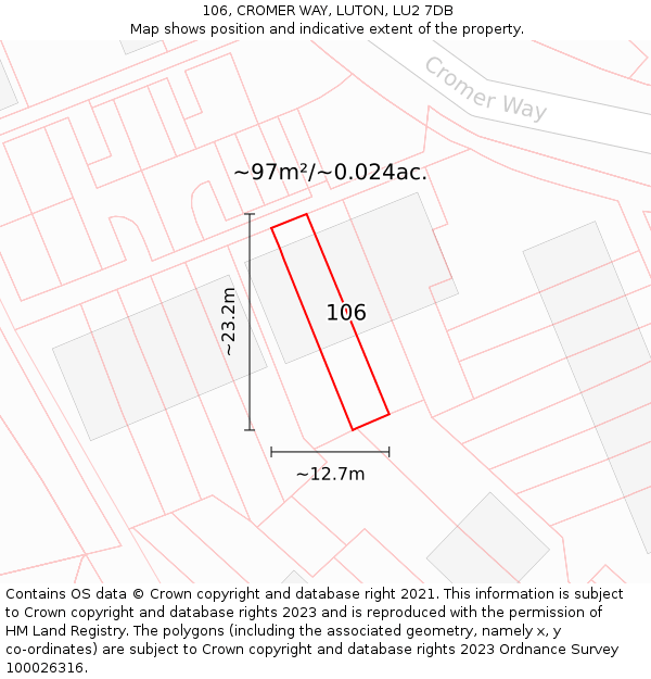 106, CROMER WAY, LUTON, LU2 7DB: Plot and title map